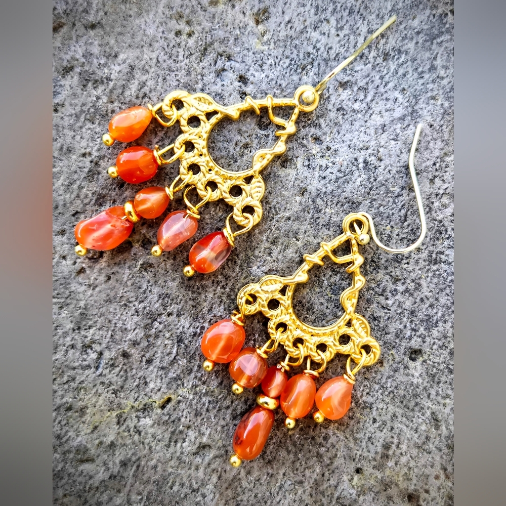 Cascading Fiery Carnelian In Morrocan's Sophistication Gold Plated Earrings